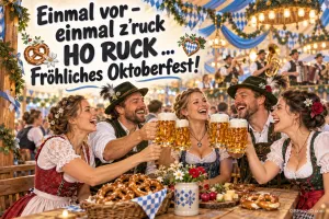 Fünf Freunde in Tracht stoßen im Festzelt an: "Einmal vor – einmal z’ruck HO RUCK … Fröhliches Oktoberfest!".