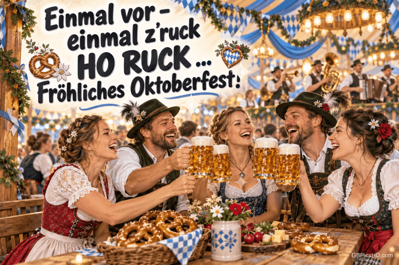 Fünf Freunde in Tracht stoßen im Festzelt an: "Einmal vor – einmal z’ruck HO RUCK … Fröhliches Oktoberfest!".