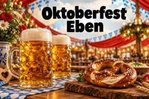 Zwei Bierkrüge und eine Brezel vor rotem Hintergrund und einem Rautenbanner mit "Oktoberfest Eben".