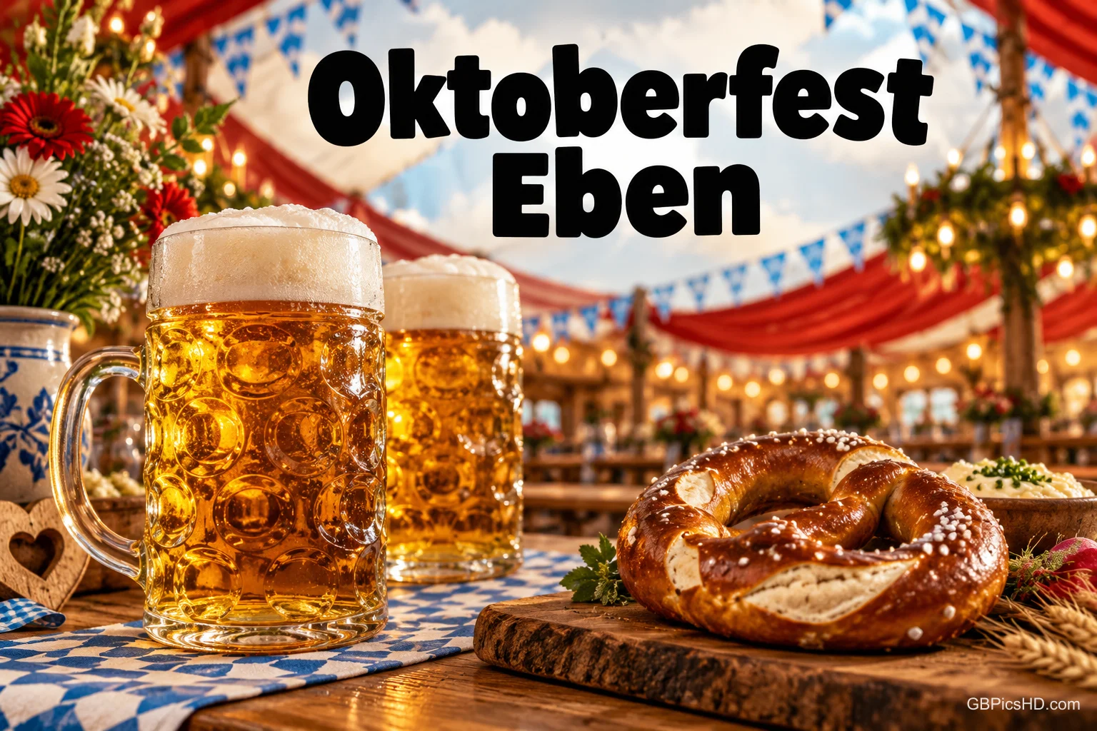 Zwei Bierkrüge und eine Brezel vor rotem Hintergrund und einem Rautenbanner mit "Oktoberfest Eben".