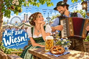Ein Mann spielt Akkordeon neben einer Frau im Dirndl; Bier und Brezel stehen auf dem Tisch, links "Auf zur Wiesn!".