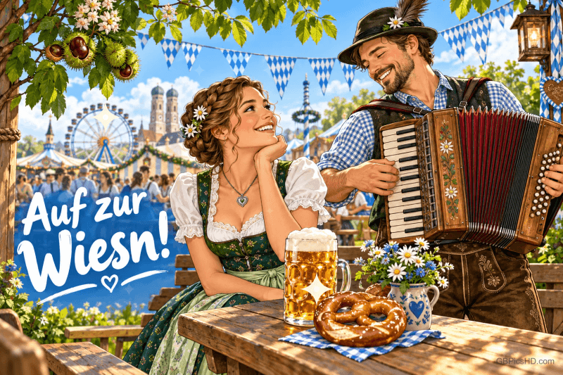 Ein Mann spielt Akkordeon neben einer Frau im Dirndl; Bier und Brezel stehen auf dem Tisch, links "Auf zur Wiesn!".