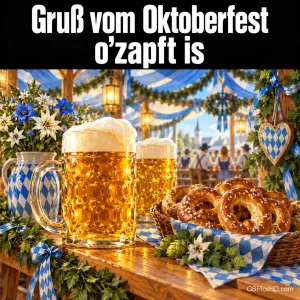 Bierkrüge, Brezeln und Blumen auf einem Tisch im geschmückten Festzelt mit "Gruß vom Oktoberfest O’zapft is".