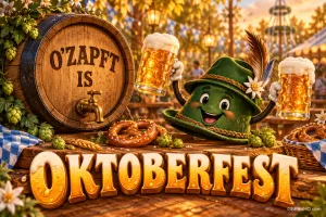 Ein Hut mit Armen und Bierkrügen steht neben einem angezapften Fass mit "O’zapft is" über dem Schriftzug "Oktoberfest".