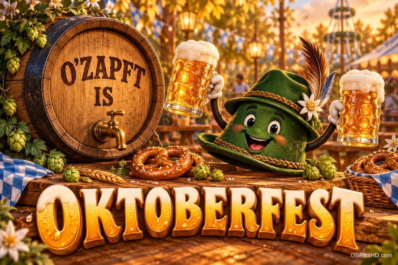 Ein Hut mit Armen und Bierkrügen steht neben einem angezapften Fass mit "O’zapft is" über dem Schriftzug "Oktoberfest".