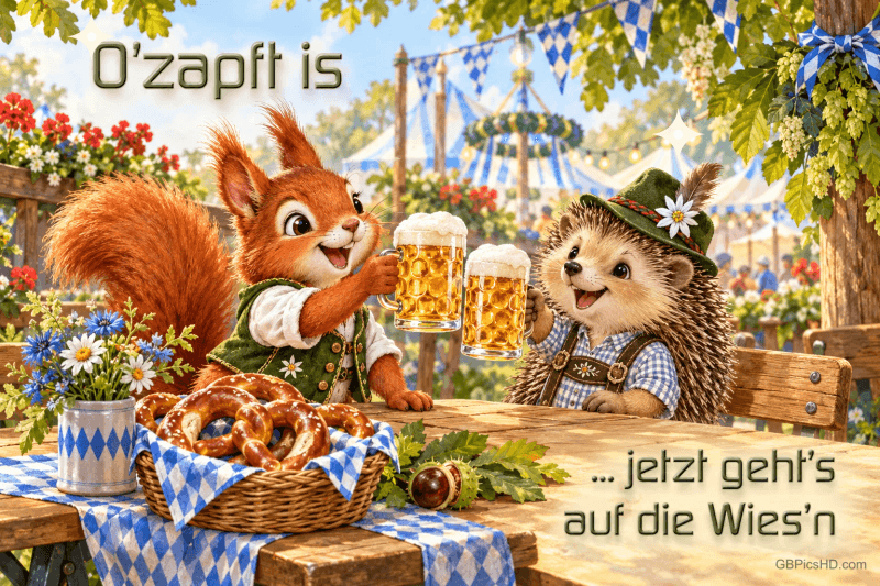 Ein Eichhörnchen und ein Igel in Tracht stoßen mit Bier an, daneben steht "O’zapft is … jetzt geht’s auf die Wies’n".