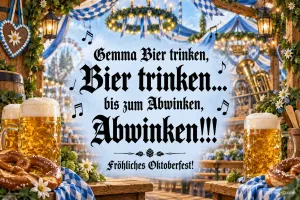 Blaue und weiße Rauten mit Musiknoten und "Gemma Bier trinken, Bier trinken... bis zum Abwinken, Abwinken!!!".