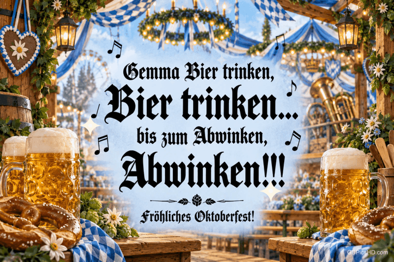 Blaue und weiße Rauten mit Musiknoten und "Gemma Bier trinken, Bier trinken... bis zum Abwinken, Abwinken!!!".