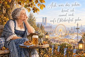 Eine ältere Frau in Tracht blickt zur Wiesn mit "Ach, wär das schön … könnt ich einmal noch aufs Oktoberfest gehn.".