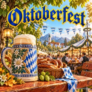 Ein verzierter Bierkrug und ein Korb voller Brezeln stehen vor einem Festzelt unter dem Schriftzug "Oktoberfest".