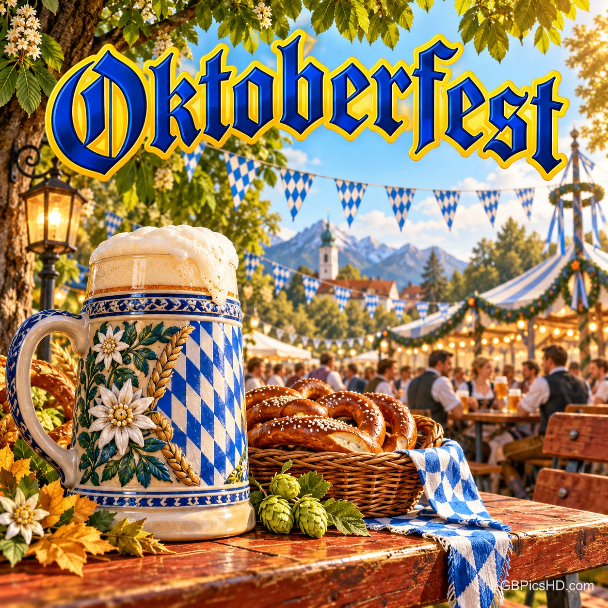 Ein verzierter Bierkrug und ein Korb voller Brezeln stehen vor einem Festzelt unter dem Schriftzug "Oktoberfest".