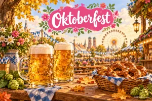 Zwei Bierkrüge und ein Brezelkorb stehen vor einem Riesenrad unter einem rosa Blumenschild mit "Oktoberfest".