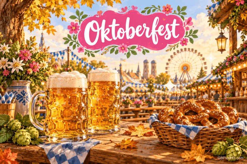 Zwei Bierkrüge und ein Brezelkorb stehen vor einem Riesenrad unter einem rosa Blumenschild mit "Oktoberfest".