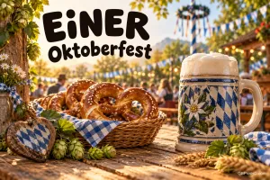 Ein Bierkrug, ein Brezelkorb und bayerische Dekoration stehen unter der Aufschrift "Einer Oktoberfest".