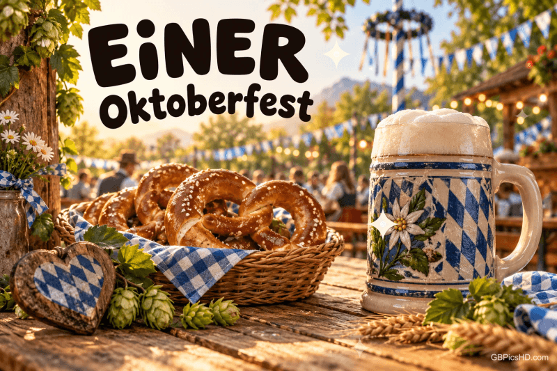 Ein Bierkrug, ein Brezelkorb und bayerische Dekoration stehen unter der Aufschrift "Einer Oktoberfest".