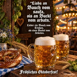 Zwei Biergläser und Ähren stehen neben dem Spruch "Lieber ein Bauch vom Trinken, als einen Buckel vom Arbeiten.".
