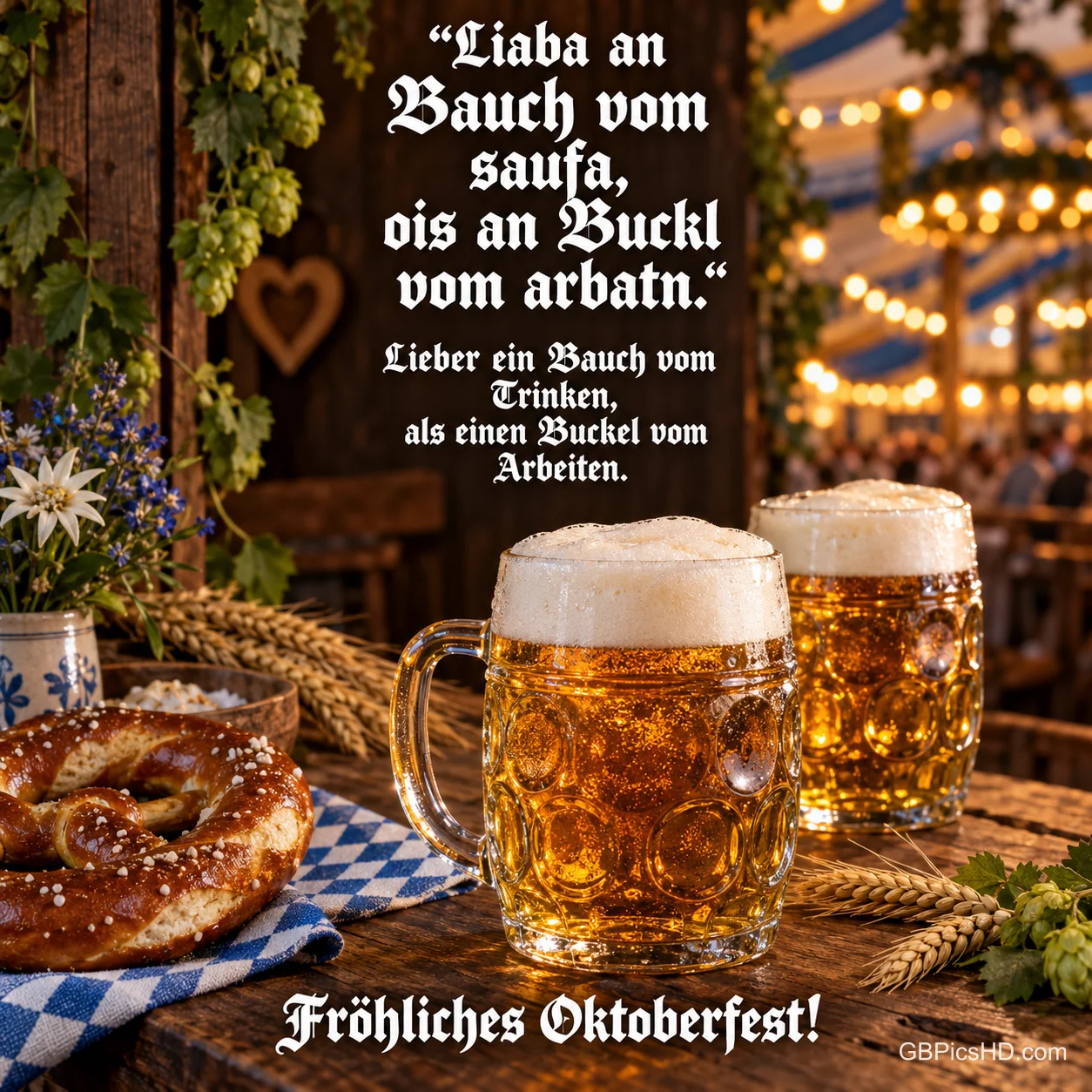 Zwei Biergläser und Ähren stehen neben dem Spruch "Lieber ein Bauch vom Trinken, als einen Buckel vom Arbeiten.".