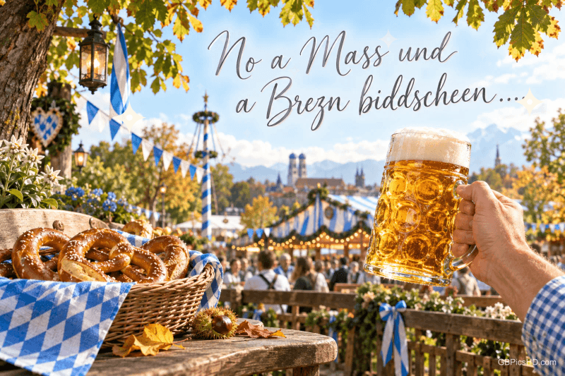Eine Hand hebt einen Bierkrug neben einem Brezelkorb vor der Festkulisse: "No a Maß und a Brezn biddscheen....".