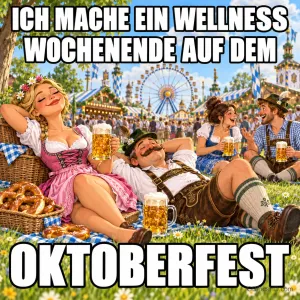 Menschen liegen auf einer Wiese unter dem Spruch "Ich mache ein Wellness Wochenende auf dem Oktoberfest".
