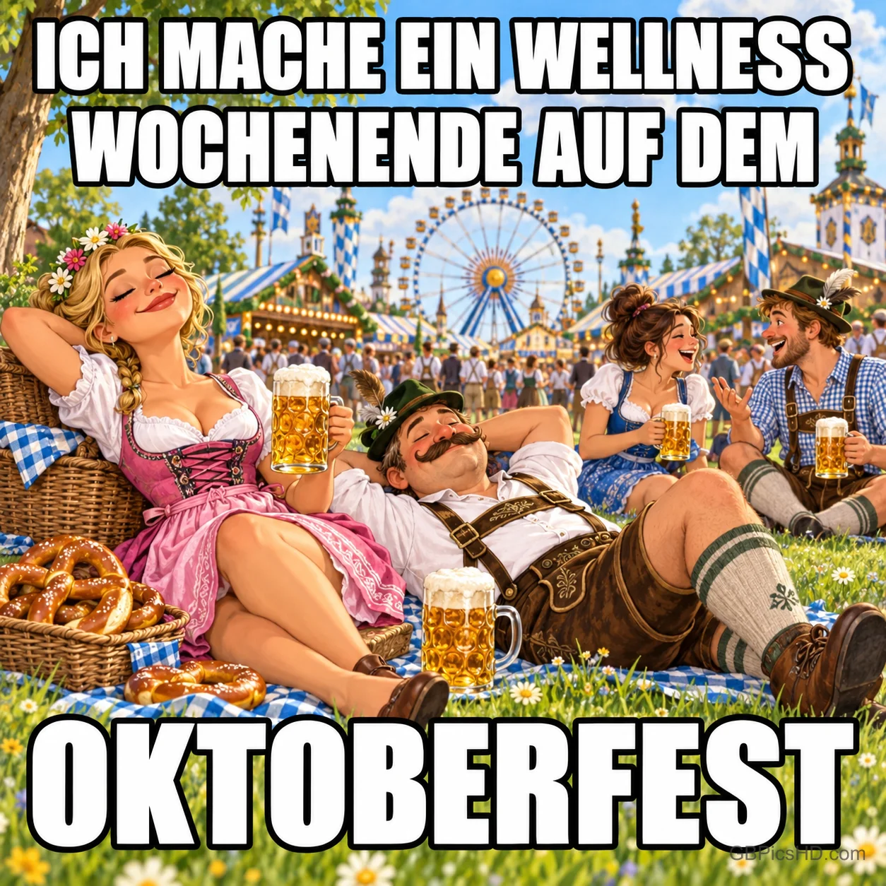 Menschen liegen auf einer Wiese unter dem Spruch "Ich mache ein Wellness Wochenende auf dem Oktoberfest".