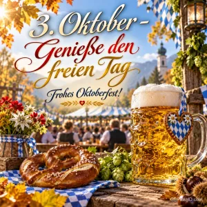 Bierkrug, Brezel und Blumen schmücken einen Tisch mit dem Gruß "3. Oktober - Genieße den freien Tag Frohes Oktoberfest!".