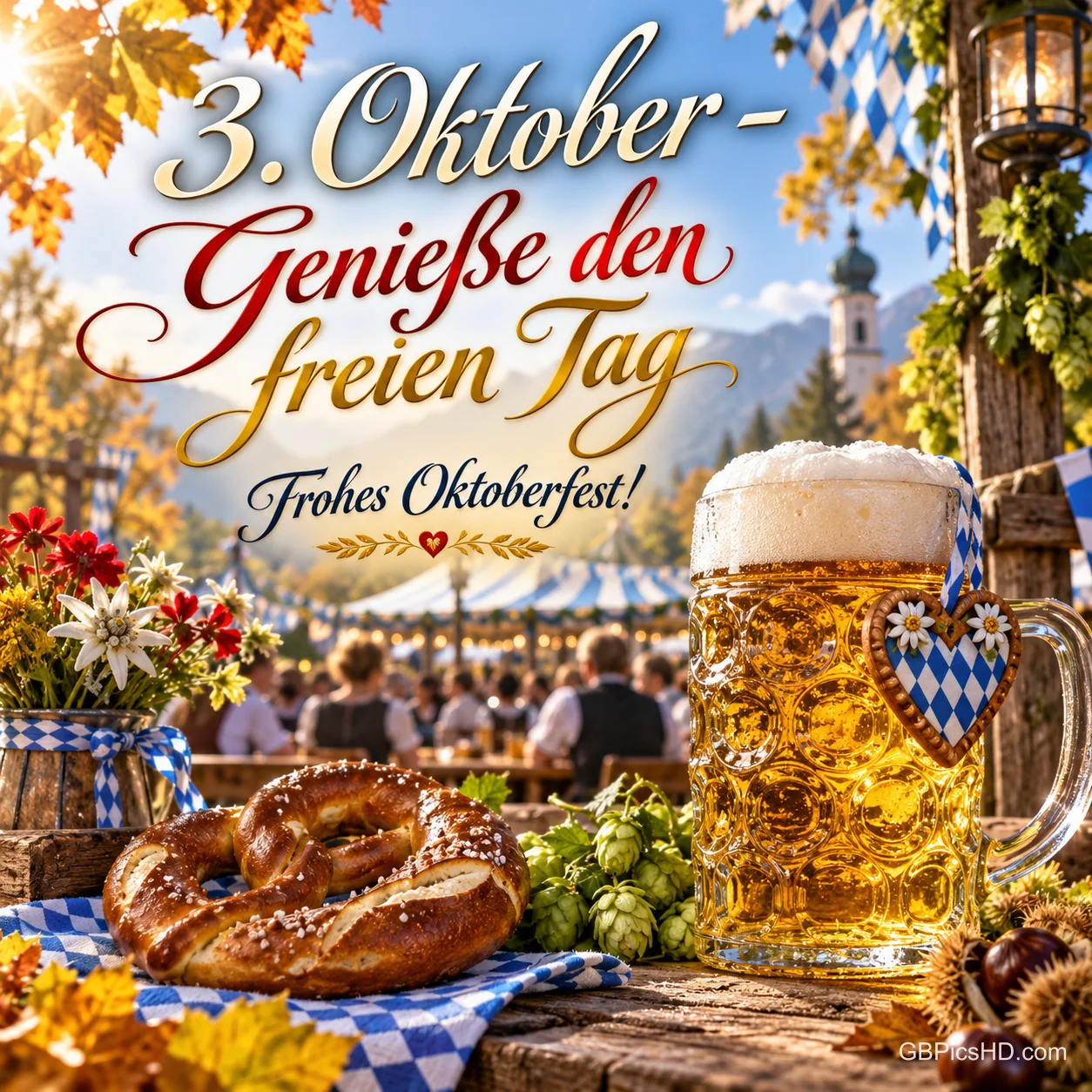 Bierkrug, Brezel und Blumen schmücken einen Tisch mit dem Gruß "3. Oktober - Genieße den freien Tag Frohes Oktoberfest!".