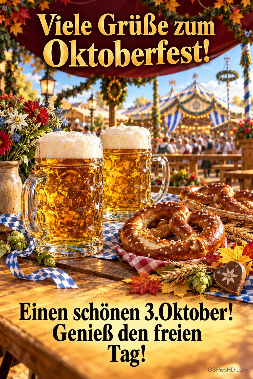 Zwei Bierkrüge, Brezeln und Herbstlaub stehen vor einem Festzelt unter dem Gruß "Viele Grüße zum Oktoberfest!".