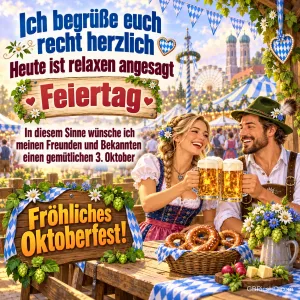 Ein lächelndes Paar in Tracht stößt mit Bierkrügen an; ein dekoriertes Holzschild trägt "Fröhliches Oktoberfest!".