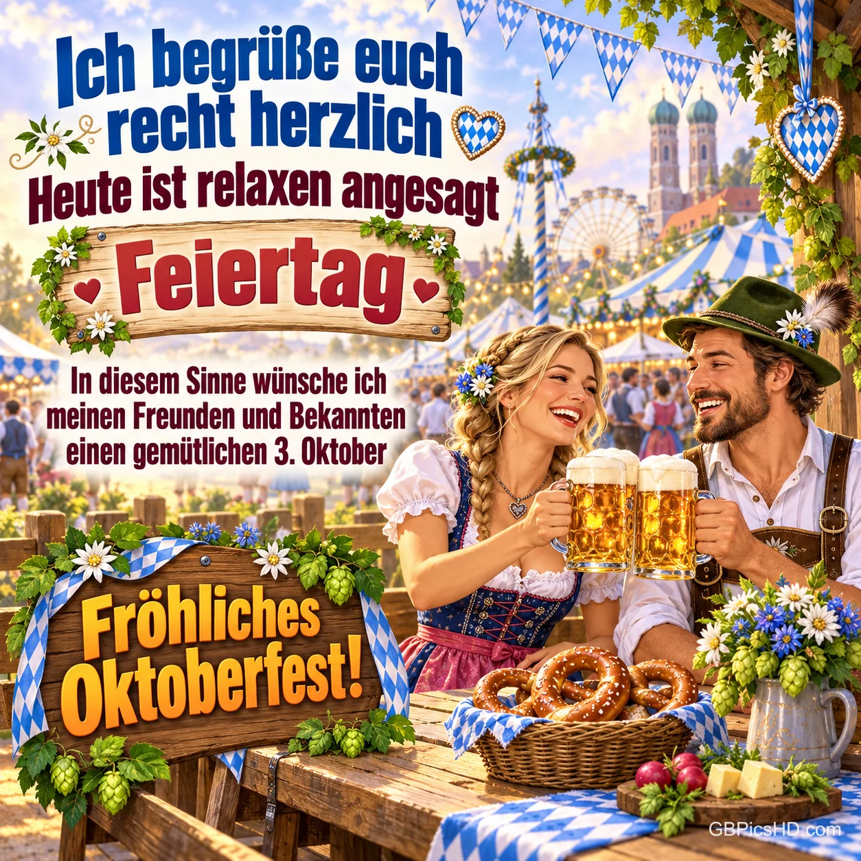 Ein lächelndes Paar in Tracht stößt mit Bierkrügen an; ein dekoriertes Holzschild trägt "Fröhliches Oktoberfest!".
