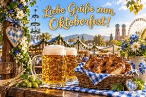 Zwei Bierkrüge, ein Brezelkorb und Blumen stehen vor einer Festkulisse unter dem Gruß "Liebe Grüße zum Oktoberfest!".