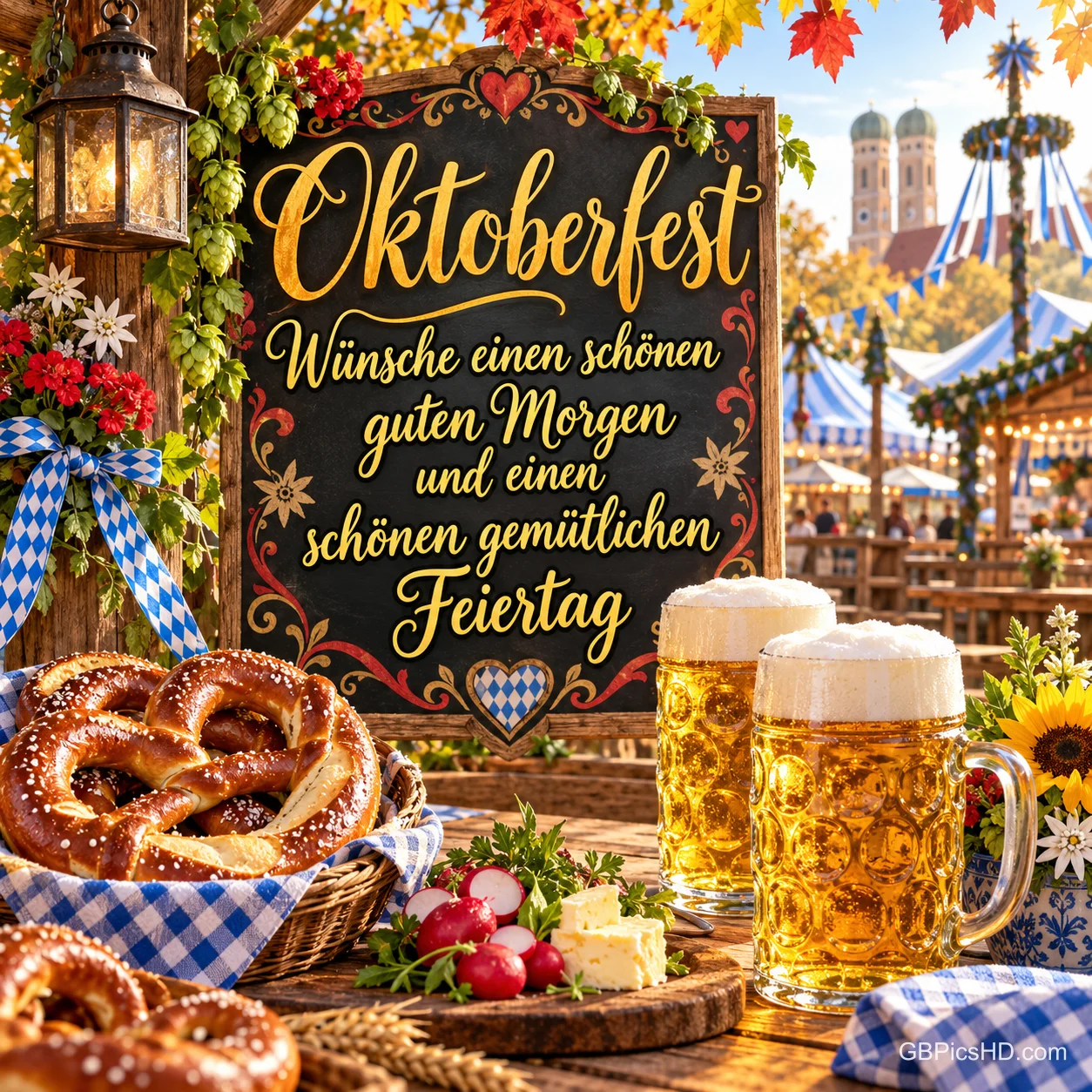 Eine verzierte Tafel mit "Oktoberfest" steht zwischen Bierkrügen, Brezeln, Blumen und einer Laterne.