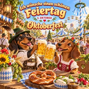 Zwei Dackel in Tracht stoßen mit Bierkrügen an; darüber steht "Ich wünsche einen schönen Feiertag".