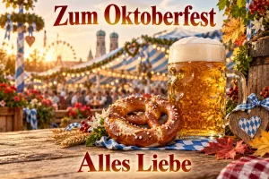 Ein Bierkrug und eine Brezel stehen vor einem Festzelt, eingerahmt von "Zum Oktoberfest" und "Alles Liebe".