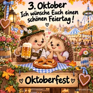 Zwei Igel in Tracht sitzen mit Bier und Brezel am Tisch; darüber steht "Ich wünsche Euch einen schönen Feiertag!".