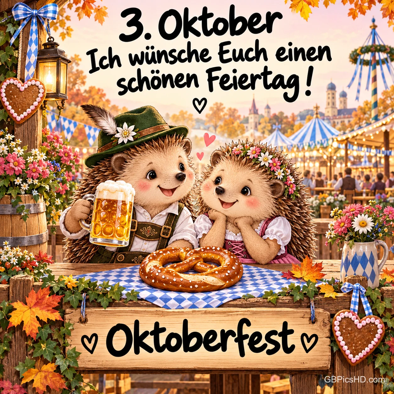 Zwei Igel in Tracht sitzen mit Bier und Brezel am Tisch; darüber steht "Ich wünsche Euch einen schönen Feiertag!".