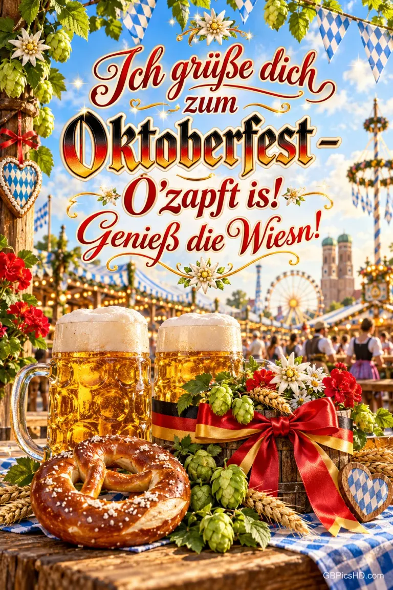 Zwei Bierkrüge und eine Brezel stehen auf dem Oktoberfest unter "Ich grüße dich zum Oktoberfest – O'zapft is! Genieß die Wiesn!".