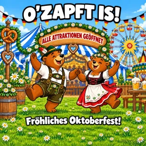 Zwei Bären tanzen vor Festzelt und Riesenrad; darüber steht "O'ZAPFT IS!", darunter "Fröhliches Oktoberfest!".