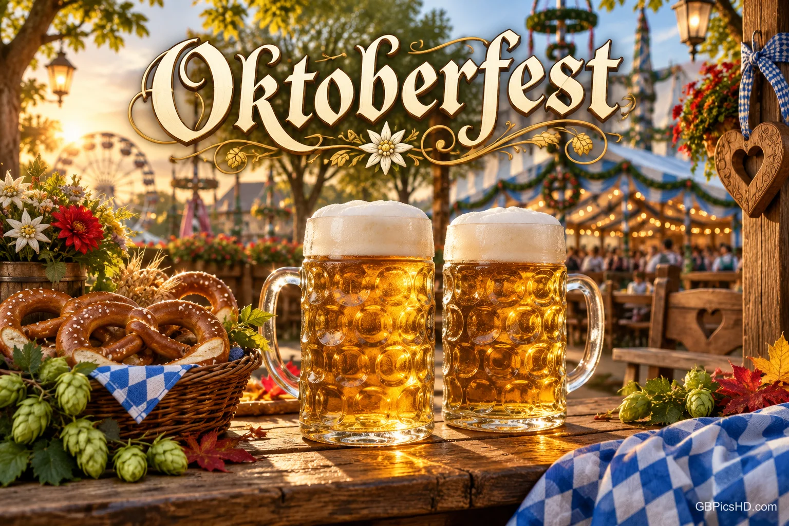 Unter dem Schriftzug "Oktoberfest" stehen zwei Bierkrüge neben einem Brezelkorb vor einem beleuchteten Festzelt.