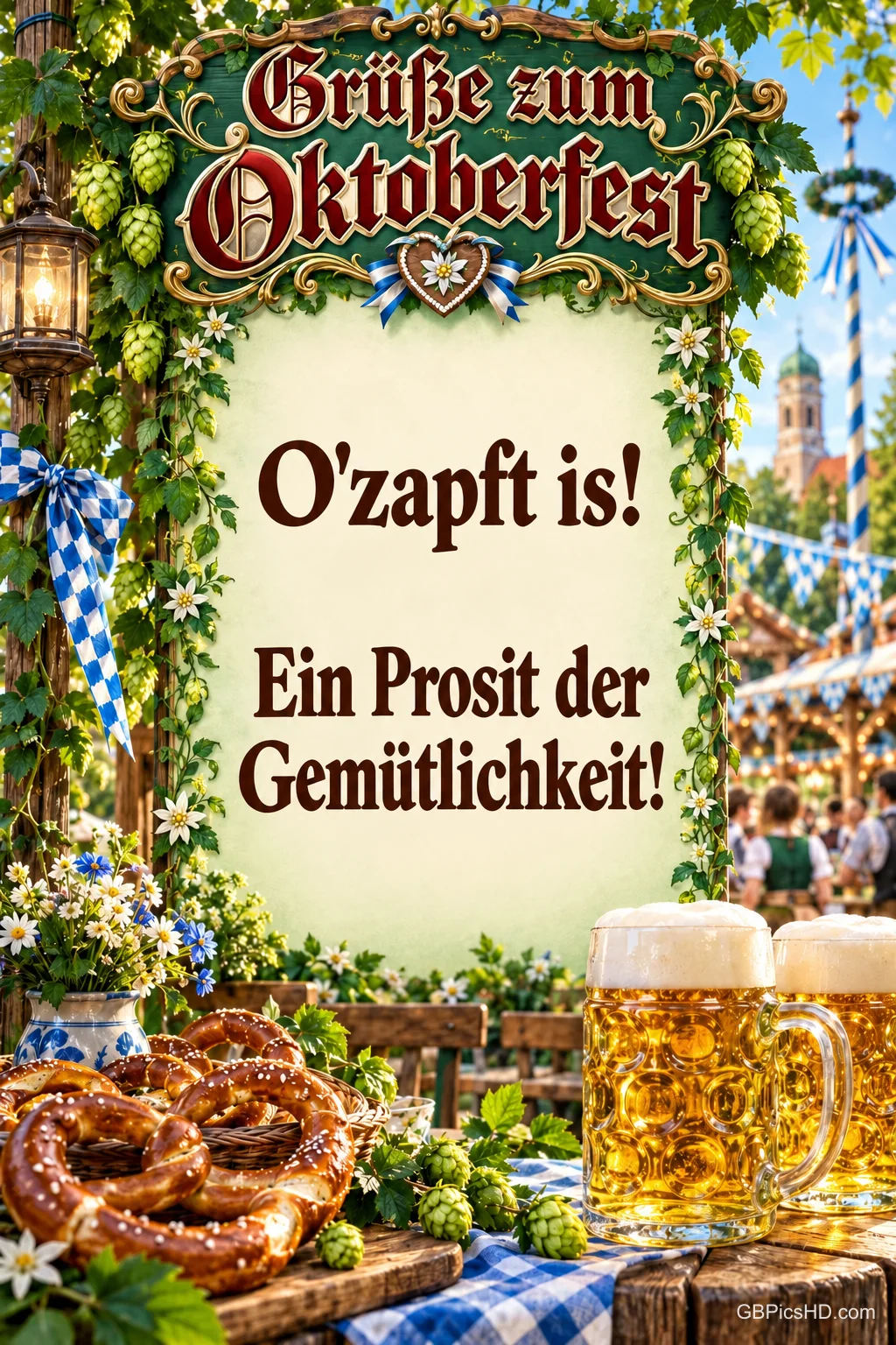 Eine mit Hopfen verzierte Tafel zeigt "Grüße zum Oktoberfest" und "O'zapft is!"; davor stehen Bierkrüge und Brezeln.