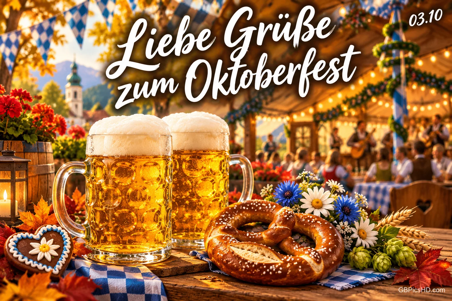Zwei Bierkrüge, Brezel und Blumen im Festzelt mit "Liebe Grüße zum Oktoberfest" und dem Datum 03.10.
