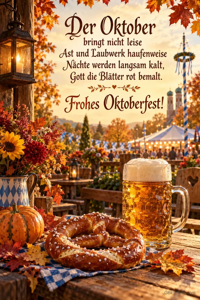 Laterne, Herbstblumen, Kürbis, Brezel und Bierkrug vor einem Festzelt mit einem Herbstgedicht und "Frohes Oktoberfest!".