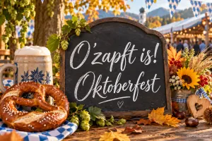 Auf einem Holztisch steht eine Tafel mit "O'zapft is! Oktoberfest", umgeben von Bierkrug, Brezel und Herbstblättern.