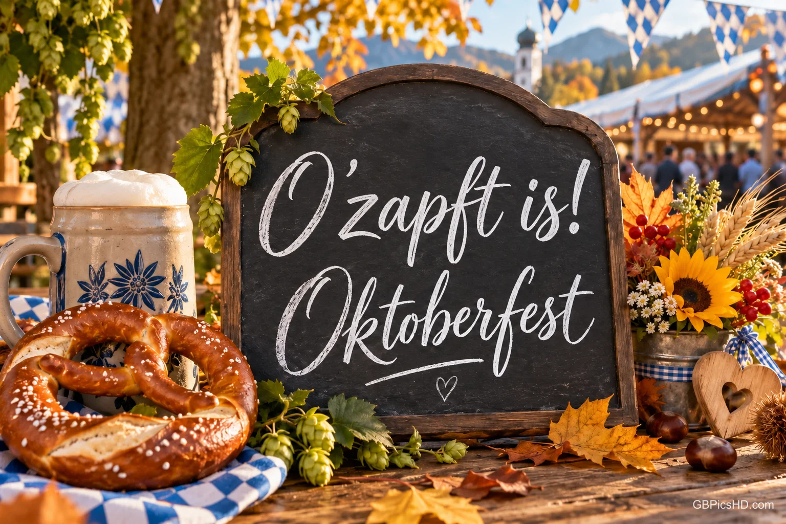 Auf einem Holztisch steht eine Tafel mit "O'zapft is! Oktoberfest", umgeben von Bierkrug, Brezel und Herbstblättern.