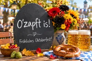 Eine ovale Tafel trägt "O'zapft is!" und "Fröhliches Oktoberfest!" neben bunten Blumen, zwei Bierkrügen und einer Brezel im Biergarten.