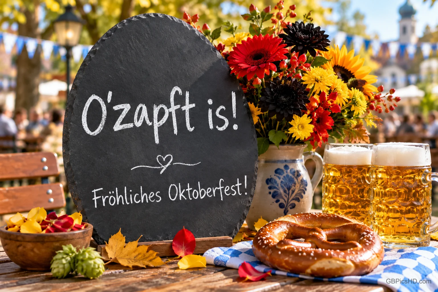 Eine ovale Tafel trägt "O'zapft is!" und "Fröhliches Oktoberfest!" neben bunten Blumen, zwei Bierkrügen und einer Brezel im Biergarten.