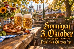 Bierkrüge, Brezel und Blumen auf einem sonnigen Festplatz mit "Sonnigen 3. Oktober Fröhliches Oktoberfest!".