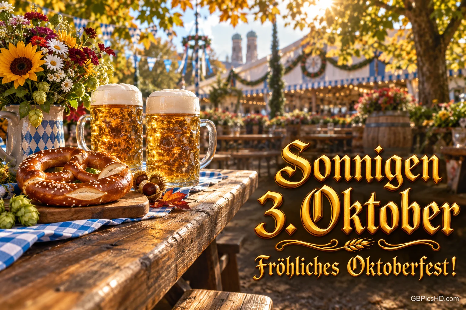 Bierkrüge, Brezel und Blumen auf einem sonnigen Festplatz mit "Sonnigen 3. Oktober Fröhliches Oktoberfest!".