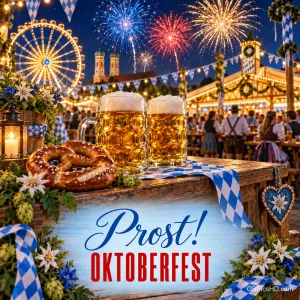 Feuerwerk leuchtet über einem nächtlichen Festplatz mit Riesenrad; vor Bierkrügen und Brezel steht "Prost! OKTOBERFEST".
