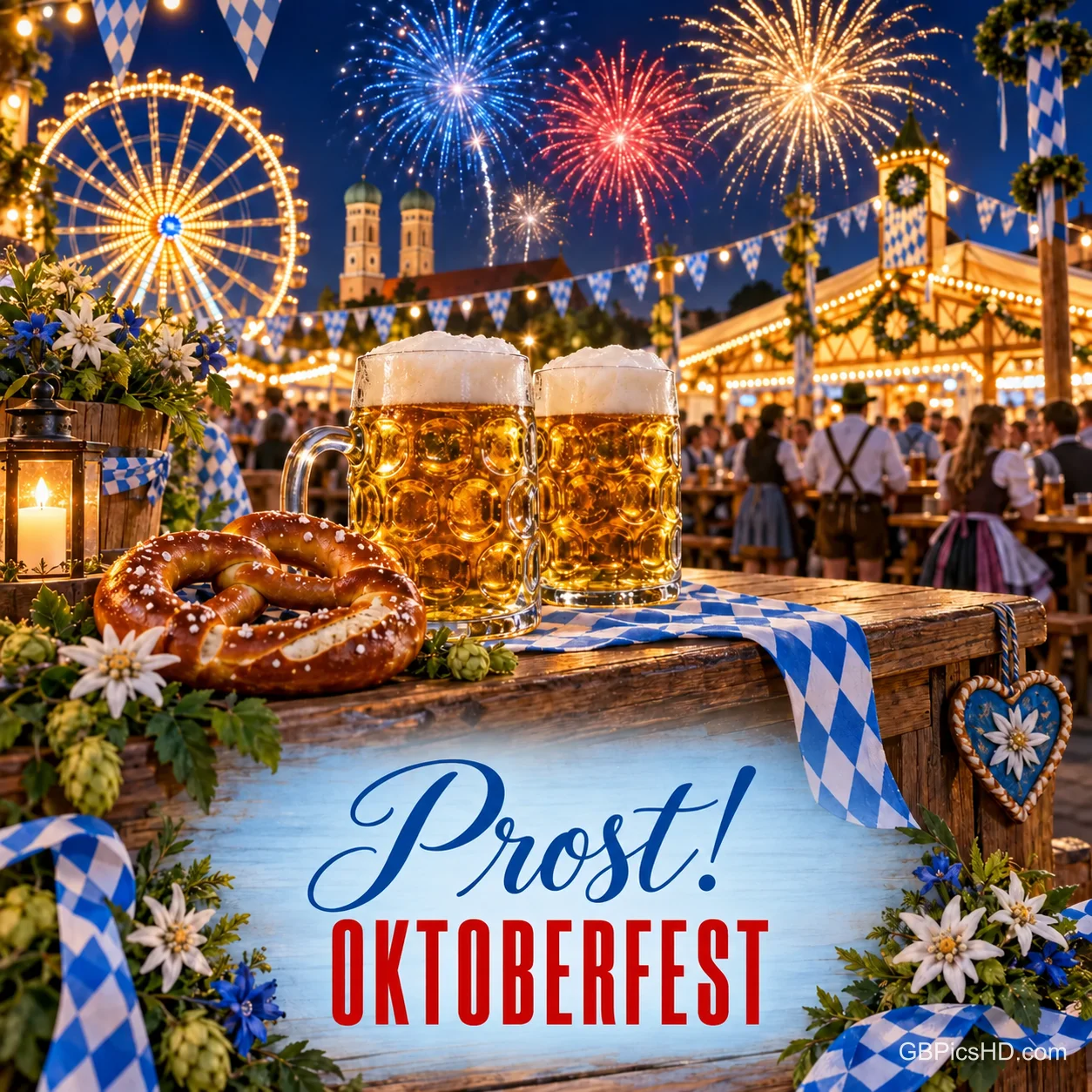 Feuerwerk leuchtet über einem nächtlichen Festplatz mit Riesenrad; vor Bierkrügen und Brezel steht "Prost! OKTOBERFEST".