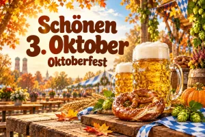 Bierkrüge, Brezel, Hopfen und ein Kürbis auf einem Holztisch am Festplatz mit "Schönen 3. Oktober Oktoberfest".